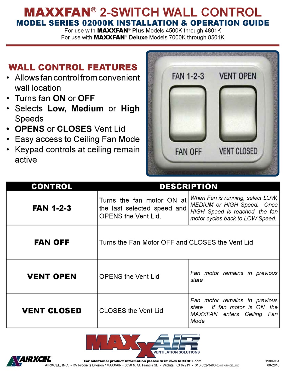 AIRXCEL MAXXFAN PLUS 4500K INSTALLATION & OPERATION MANUAL Pdf Download ManualsLib