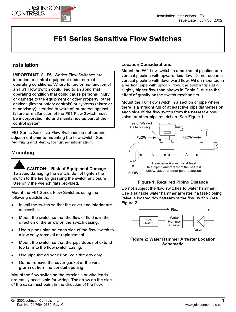 JOHNSON CONTROLS F61 SERIES INSTALLATION INSTRUCTIONS MANUAL Pdf Download ManualsLib