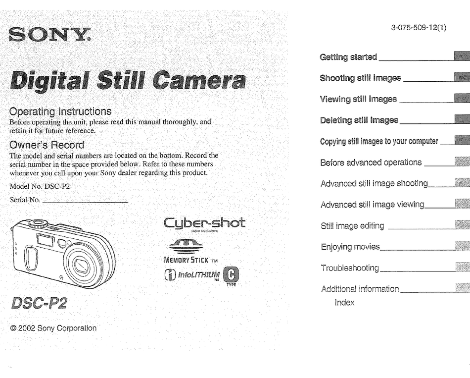 SONY DSC-P2 OPERATING INSTRUCTIONS MANUAL Pdf Download | ManualsLib