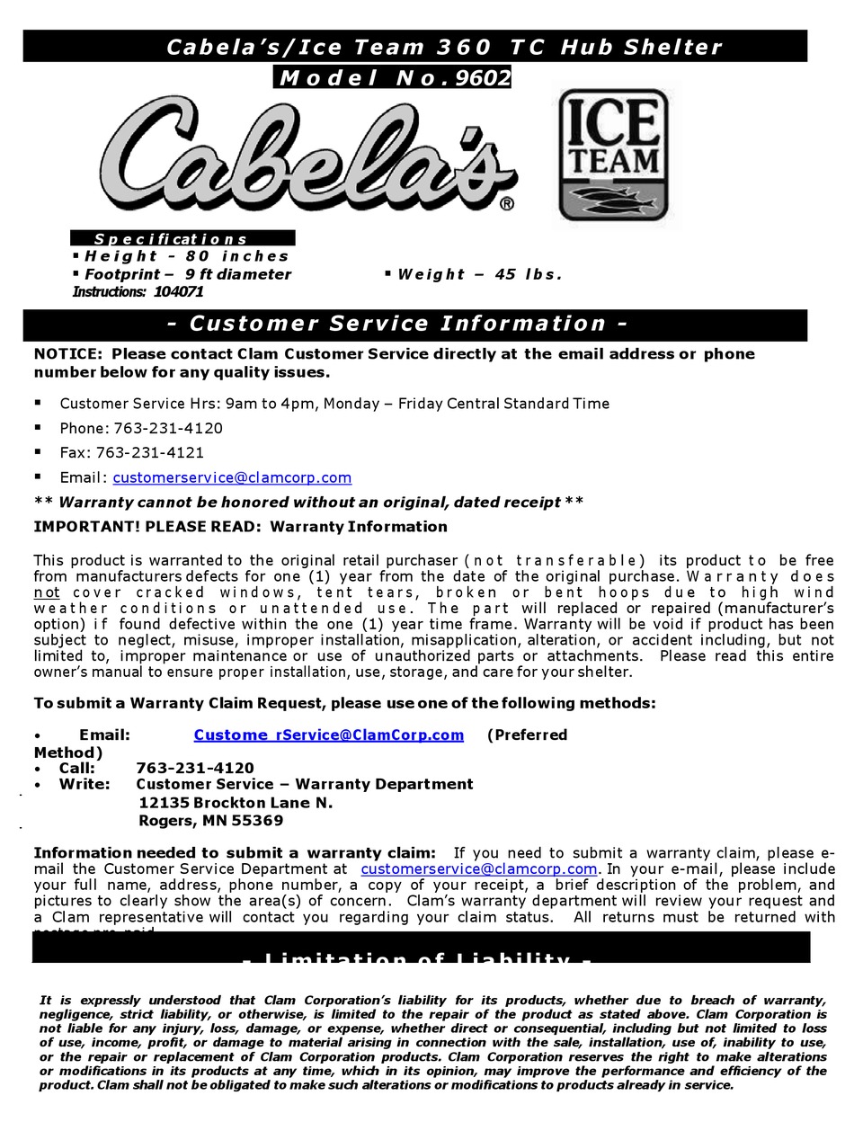 CABELA'S ICE TEAM 360 TC HUB SHELTER INSTRUCTIONS MANUAL Pdf Download