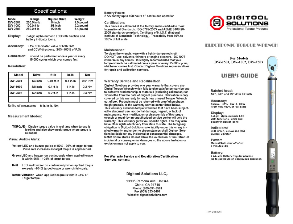 DIGITOOL SOLUTIONS DW-2501 USER MANUAL Pdf Download | ManualsLib
