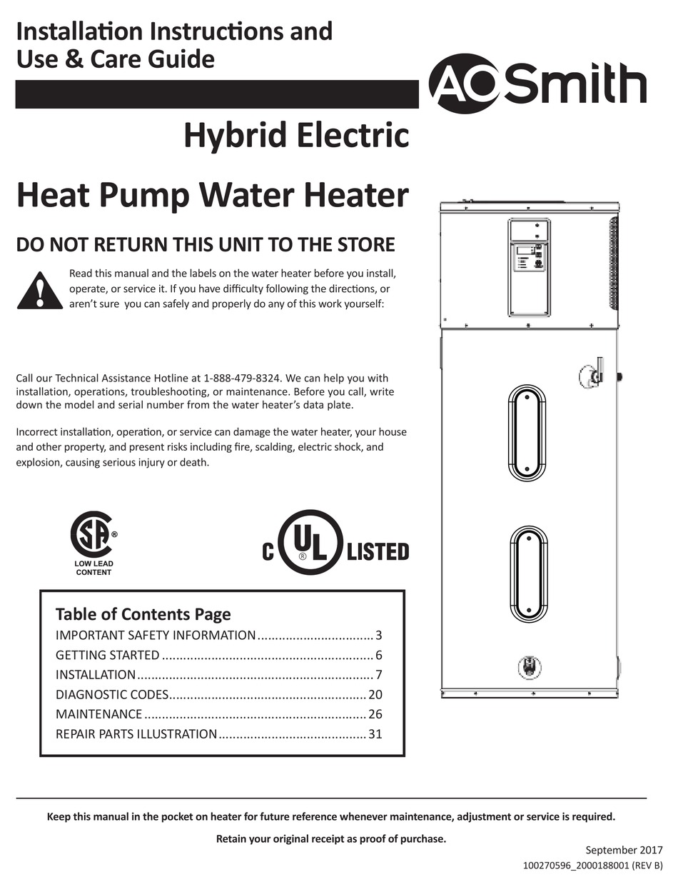 A.O. SMITH PROLINE XE INSTALLATION INSTRUCTIONS AND USE & CARE MANUAL