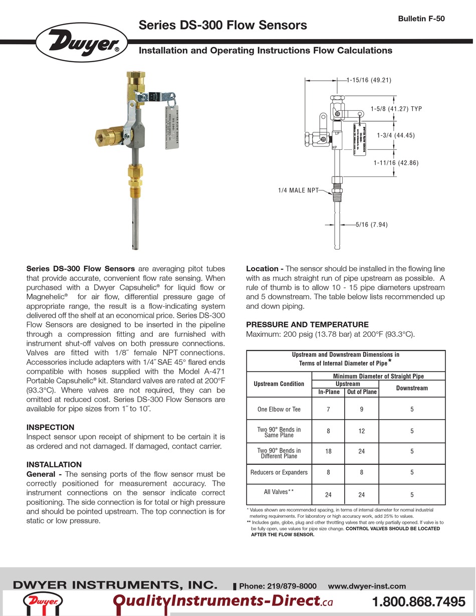 DWYER INSTRUMENTS DS300 SERIES INSTALLATION AND OPERATING INSTRUCTIONS