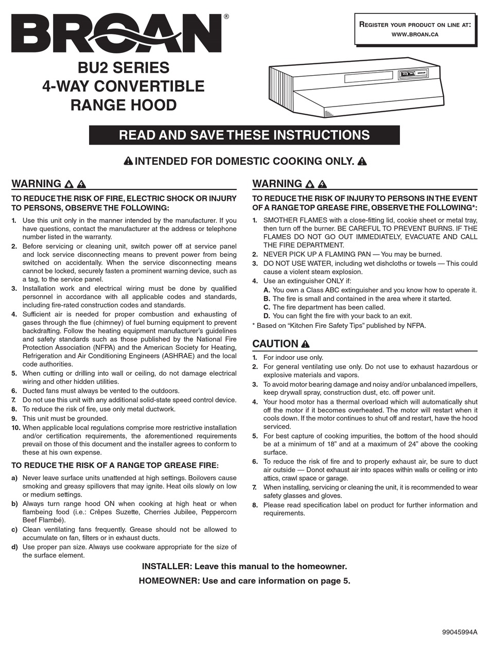 BROAN BU2 SERIES INSTRUCTIONS MANUAL Pdf Download ManualsLib
