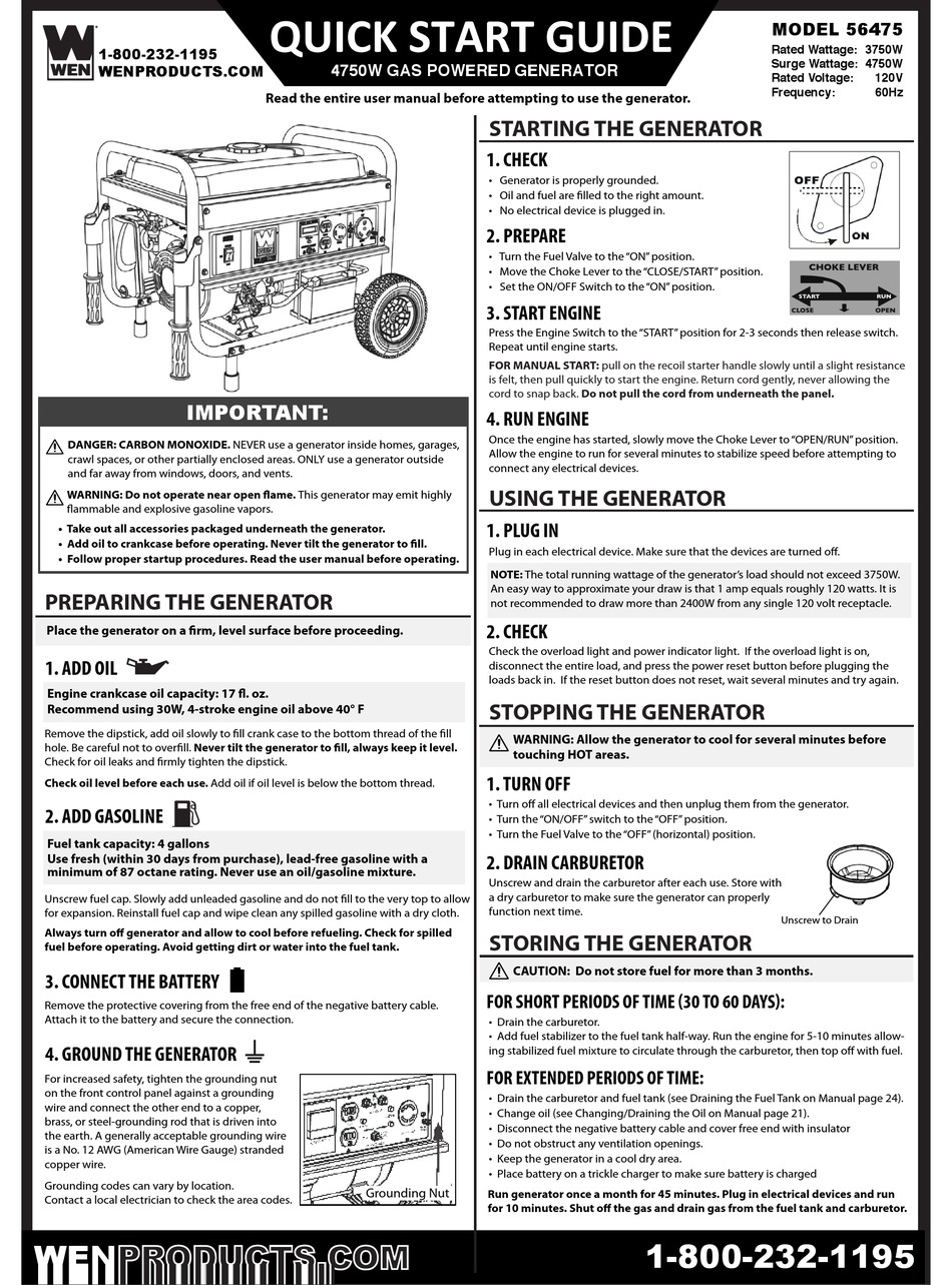 WEN 56475 QUICK START MANUAL Pdf Download | ManualsLib