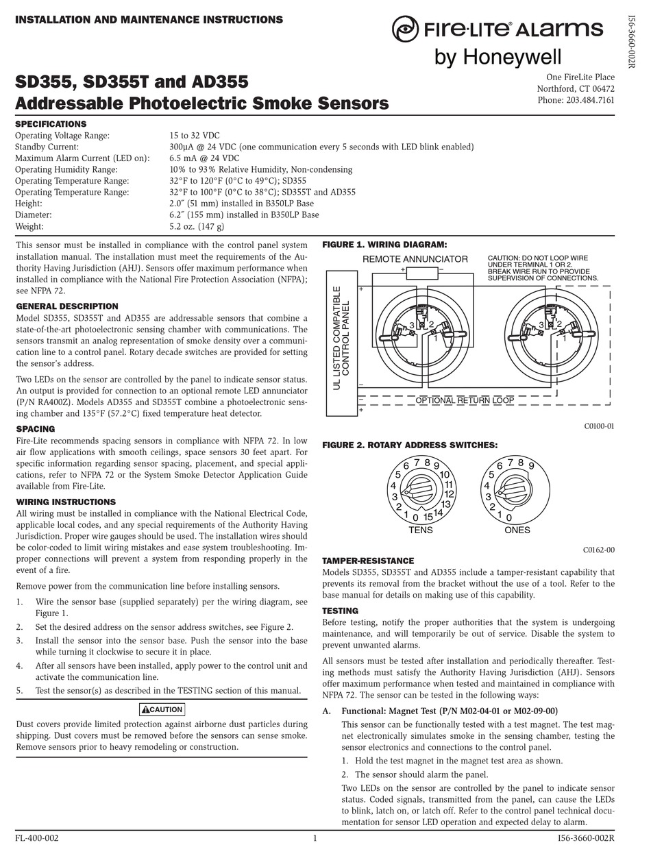 HONEYWELL FIRELITE SD355, FIRELITE SD355T INSTALLATION AND MAINTENANCE ...