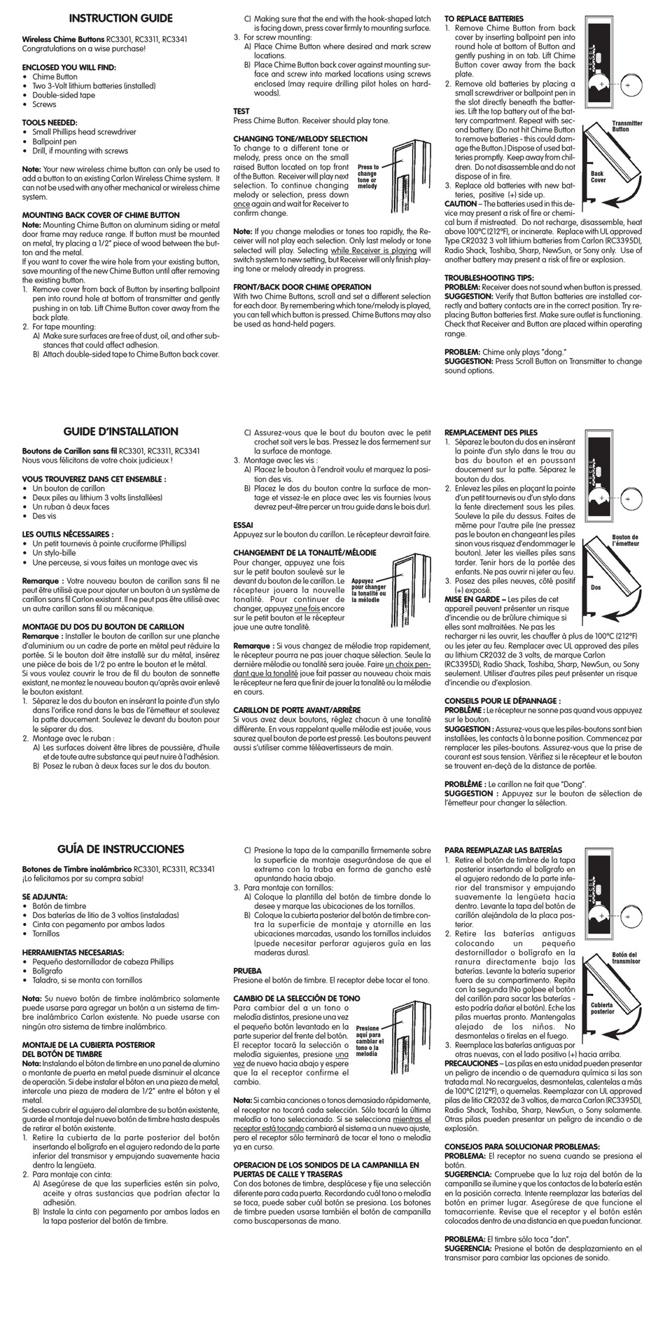 CARLON WIRELESS CHIME BUTTON INSTRUCTION MANUAL Pdf Download ManualsLib