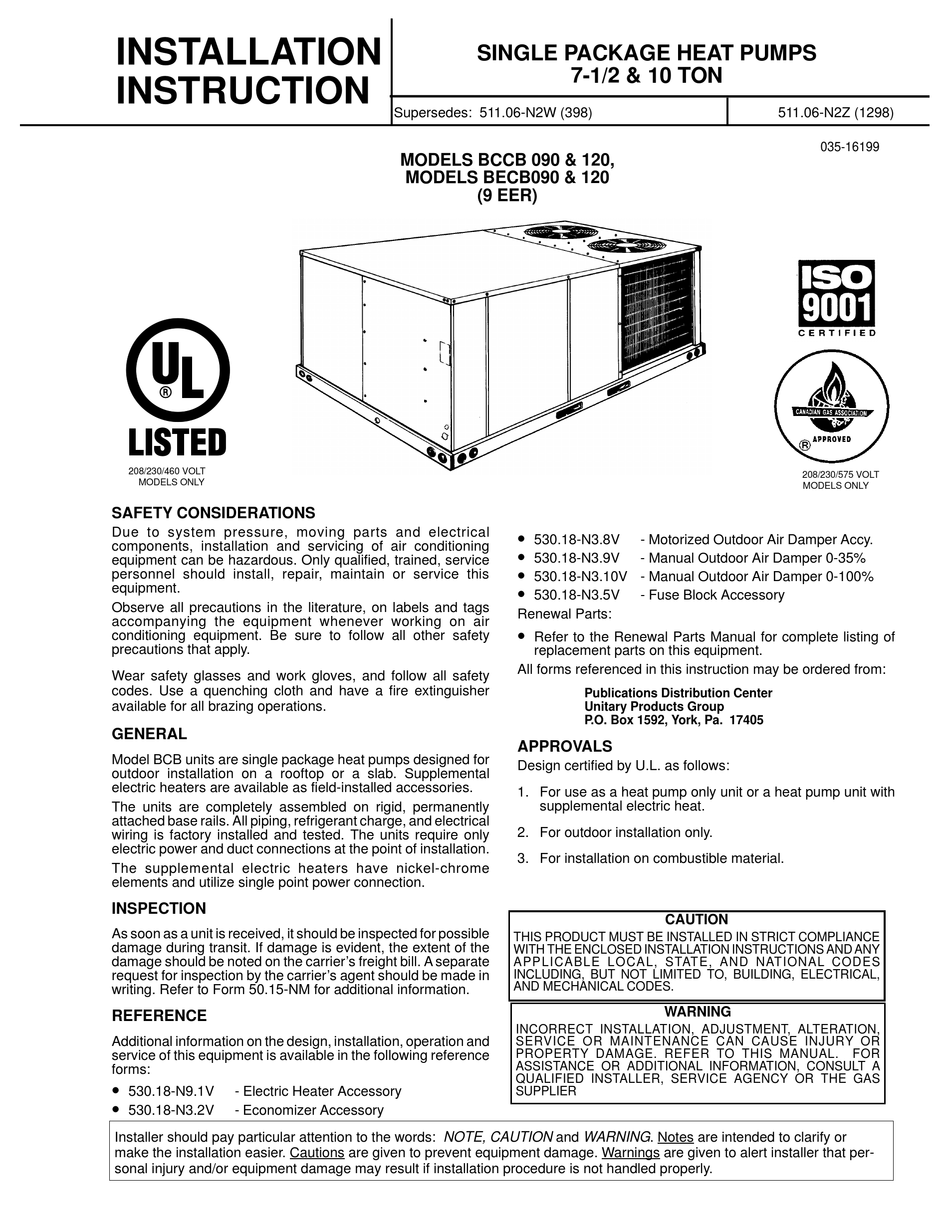 UNITARY PRODUCTS GROUP BECB 090 INSTALLATION INSTRUCTION Pdf Download 