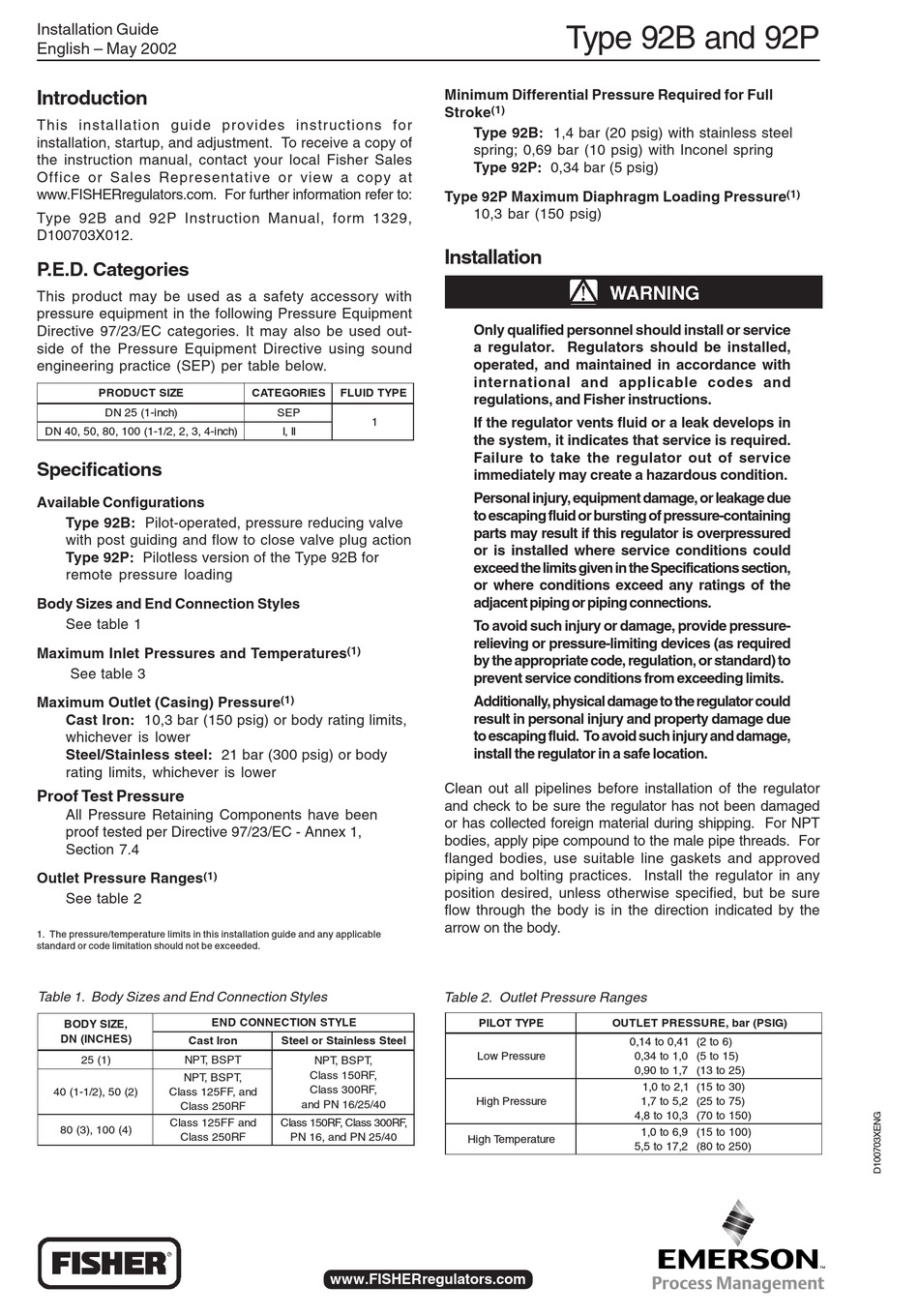 FISHER TYPE 92B INSTALLATION MANUAL Pdf Download | ManualsLib