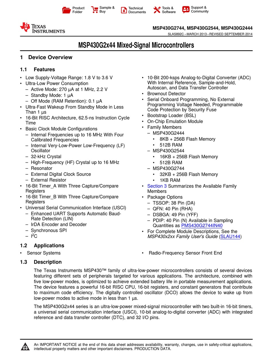 TEXAS INSTRUMENTS MSP430G2744DA MANUAL Pdf Download | ManualsLib