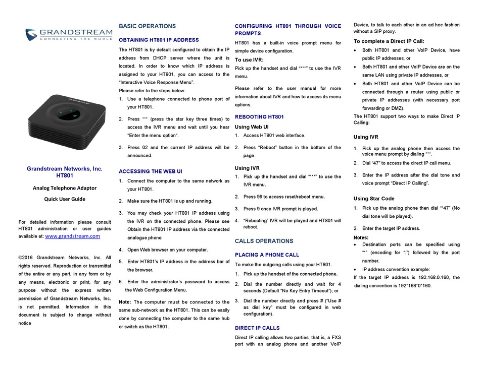 GRANDSTREAM NETWORKS HT801 QUICK USER MANUAL Pdf Download ManualsLib