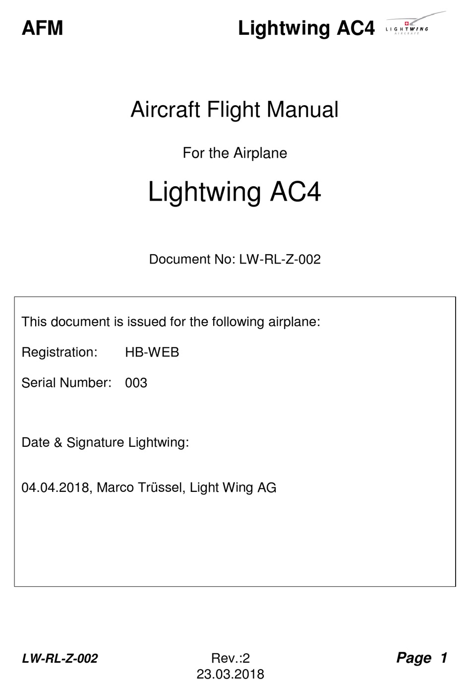 LIGHTWING AC4 AIRCRAFT FLIGHT MANUAL Pdf Download | ManualsLib