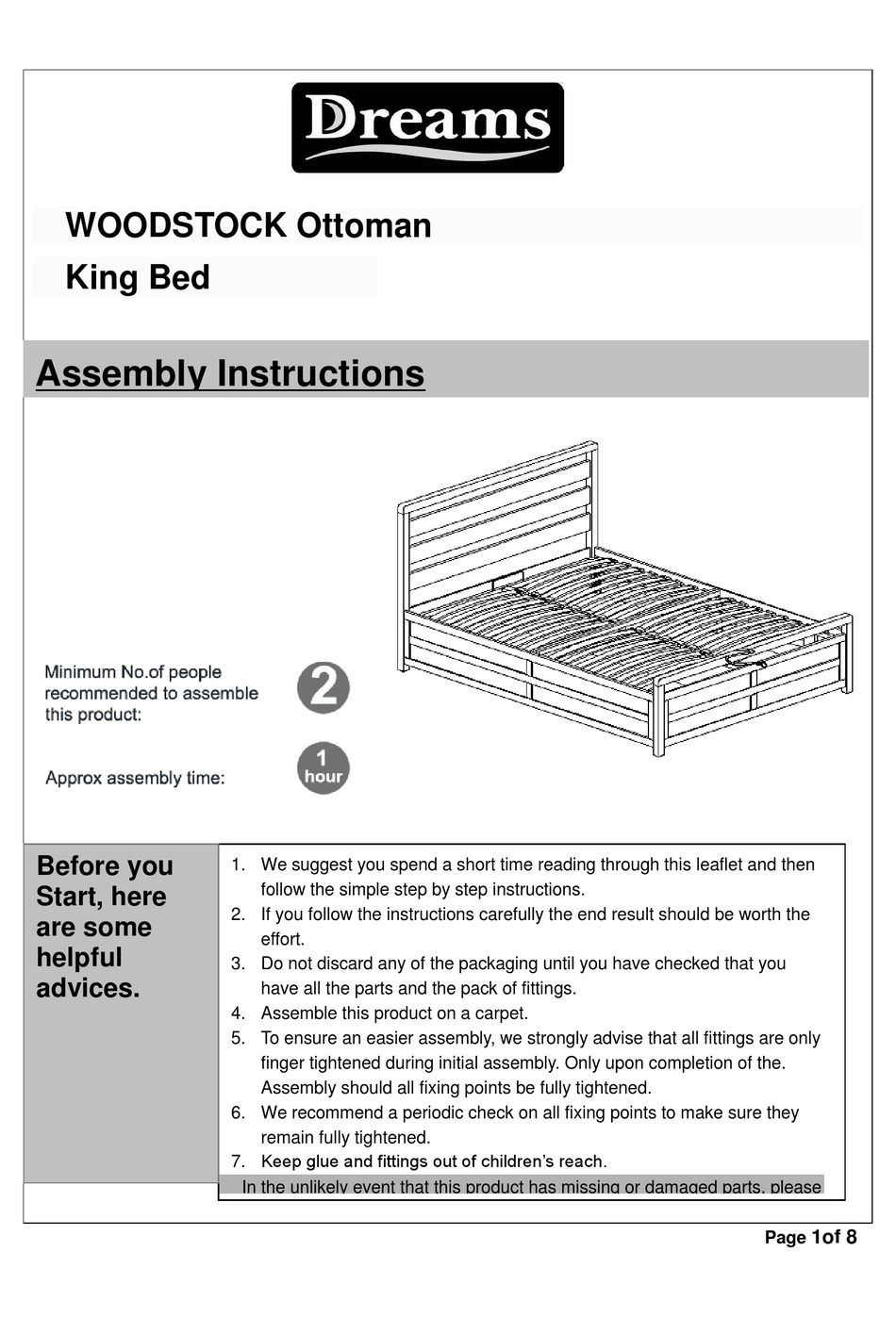 DREAMS WOODSTOCK OTTOMAN KING BED ASSEMBLY INSTRUCTIONS MANUAL Pdf