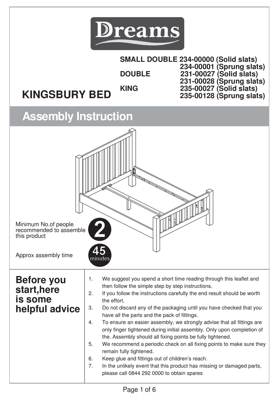 DREAMS KINGSBURY BED ASSEMBLY INSTRUCTION MANUAL Pdf Download ManualsLib