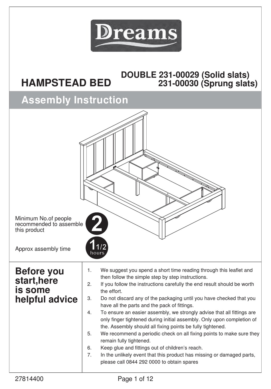 DREAMS HAMPSTEAD BED ASSEMBLY INSTRUCTION MANUAL Pdf Download ManualsLib