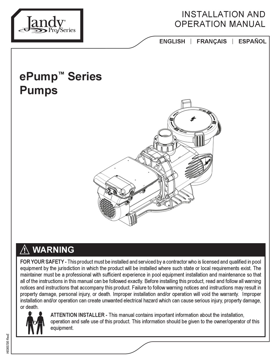 JANDY EPUMP SERIES INSTALLATION AND OPERATION MANUAL Pdf Download