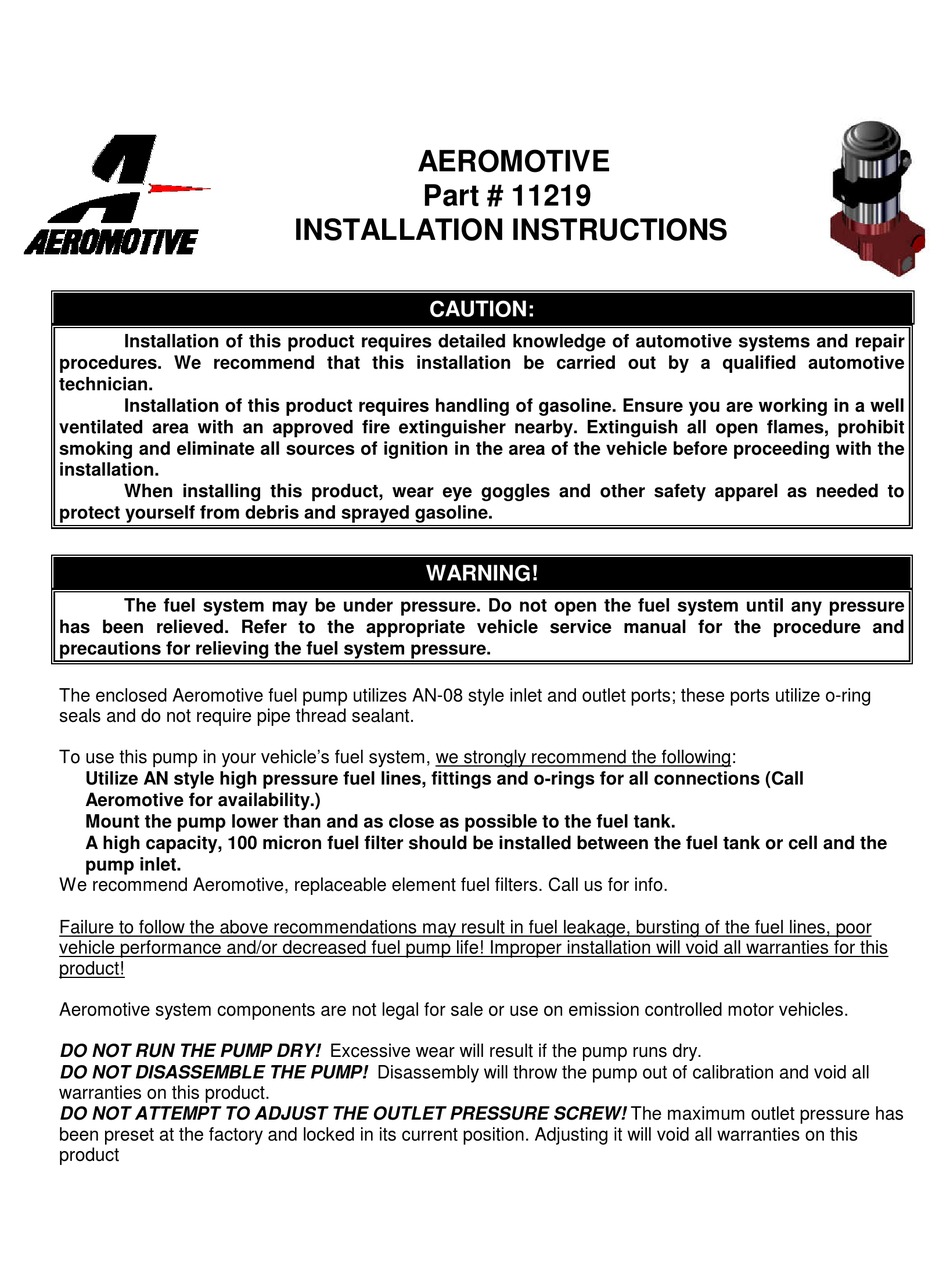 AEROMOTIVE 11219 INSTALLATION INSTRUCTIONS Pdf Download ManualsLib