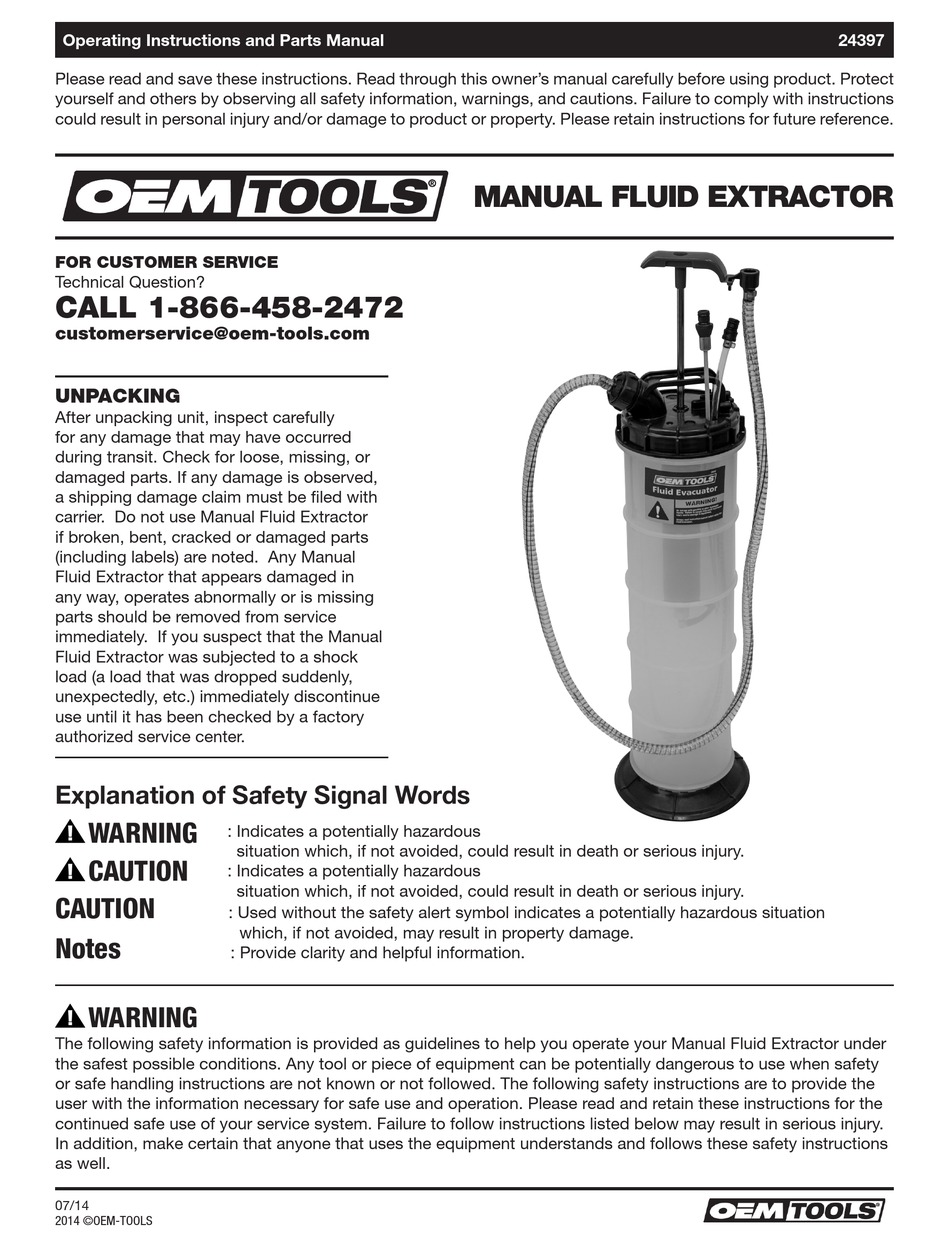 OEM TOOLS MANUAL FLUID EXTRACTOR OPERATING INSTRUCTIONS AND PARTS MANUAL Pdf Download ManualsLib