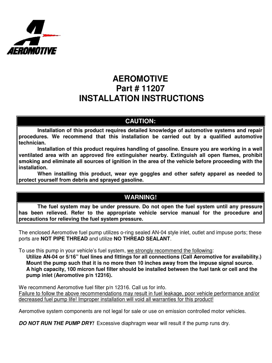 AEROMOTIVE 11207 INSTALLATION INSTRUCTIONS Pdf Download ManualsLib