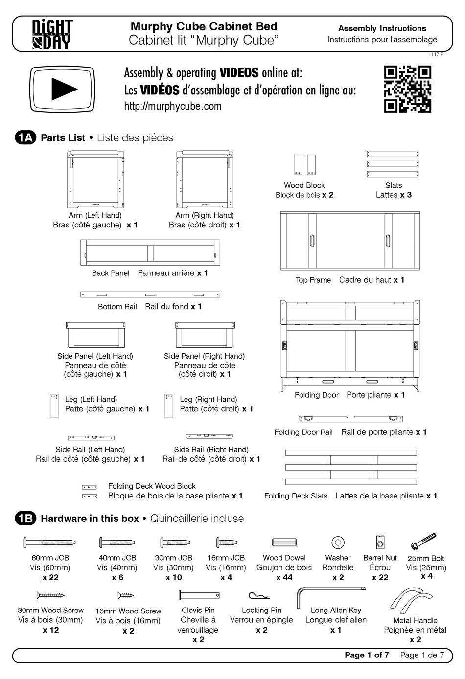 NIGHT & DAY FURNITURE MURPHY CUBE BED ASSEMBLY INSTRUCTIONS