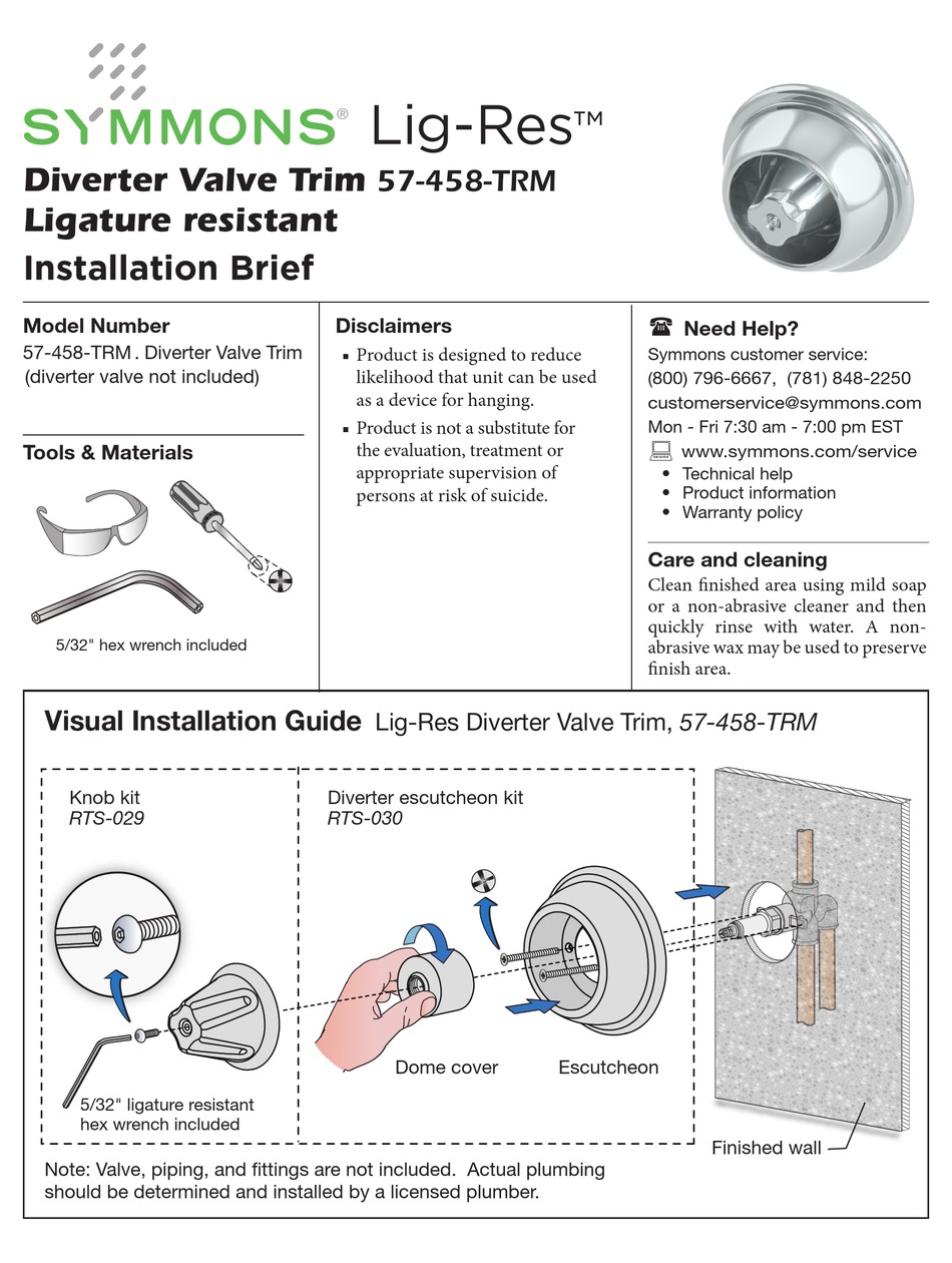 SYMMONS LIGRES DIVERTER VALVE TRIM INSTALLATION INSTRUCTIONS Pdf