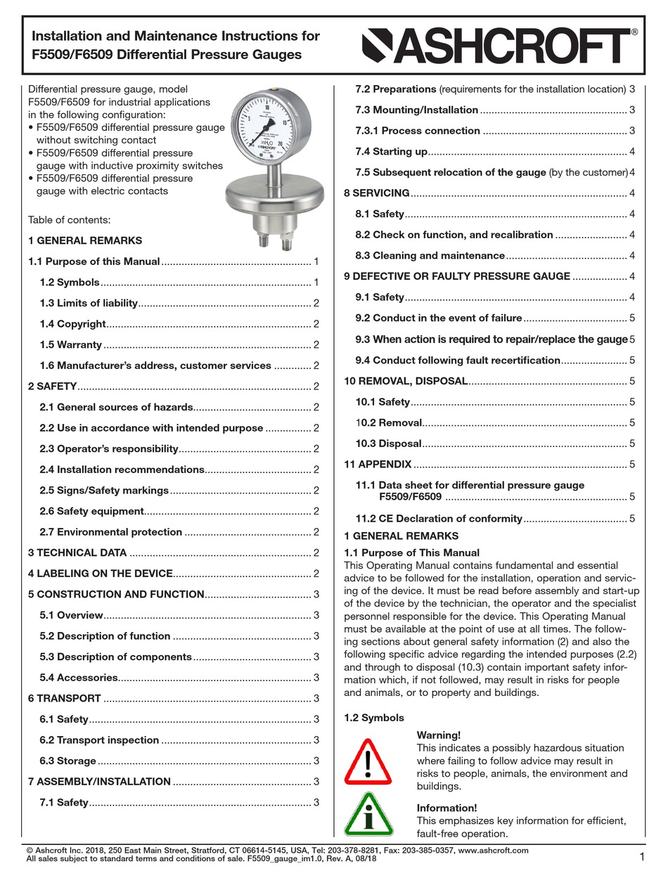 ASHCROFT F5509 INSTALLATION AND MAINTENANCE INSTRUCTIONS MANUAL Pdf