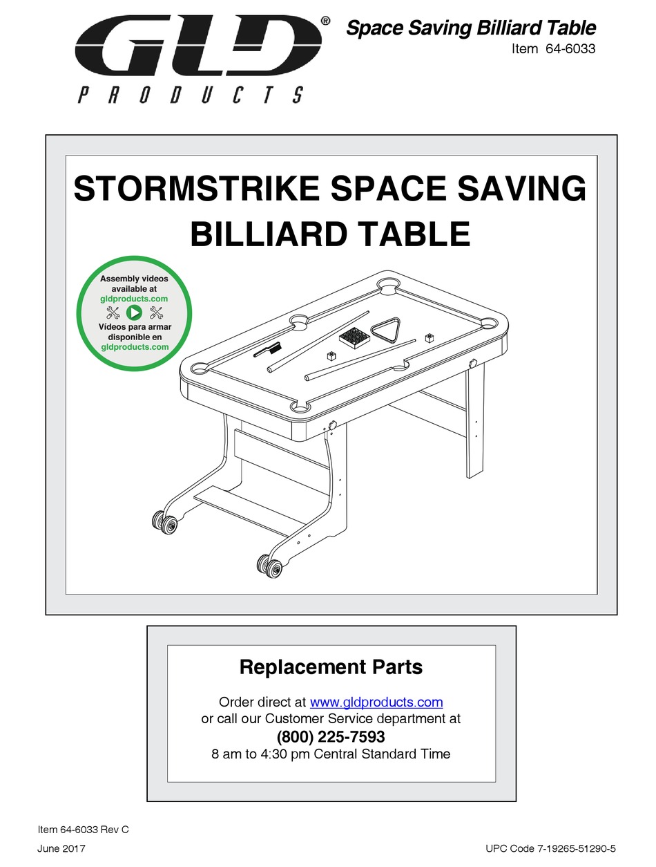 GLD PRODUCTS STORMSTRIKE SPACE SAVING BILLIARD TABLE REPLACEMENT PARTS