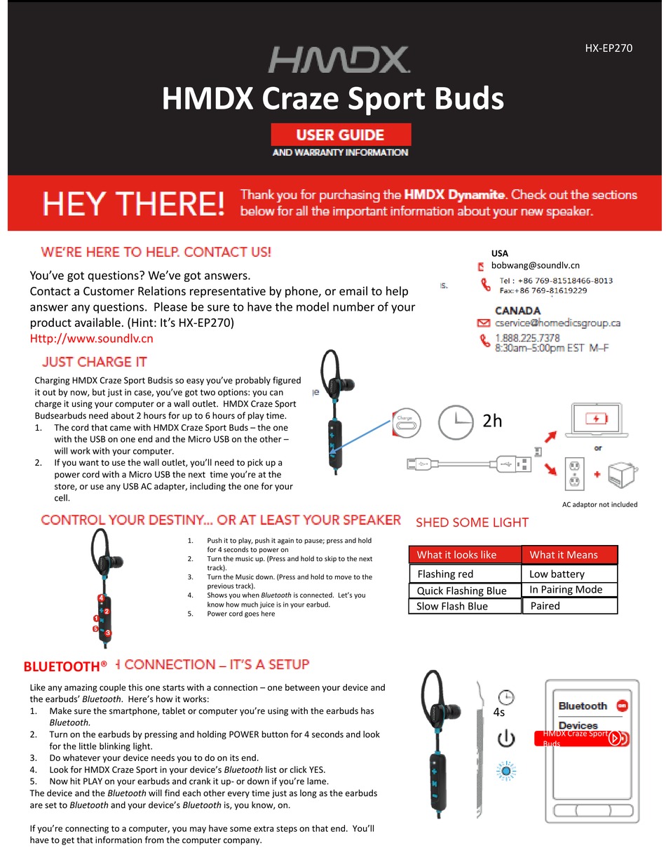 HDMX AUDIO HMDX CRAZE SPORT BUDS USER MANUAL AND WARRANTY