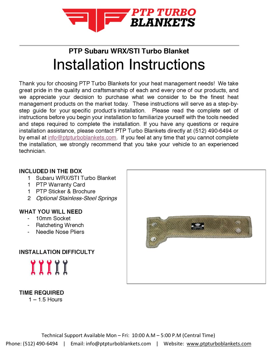 PTP TURBO BLANKETS TURBO BLANKET INSTALLATION INSTRUCTIONS MANUAL Pdf