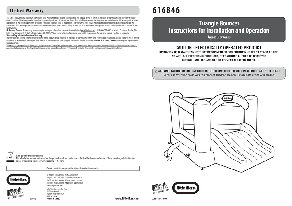 LITTLE TIKES 616846 INSTRUCTIONS FOR INSTALLATION AND OPERATION MANUAL