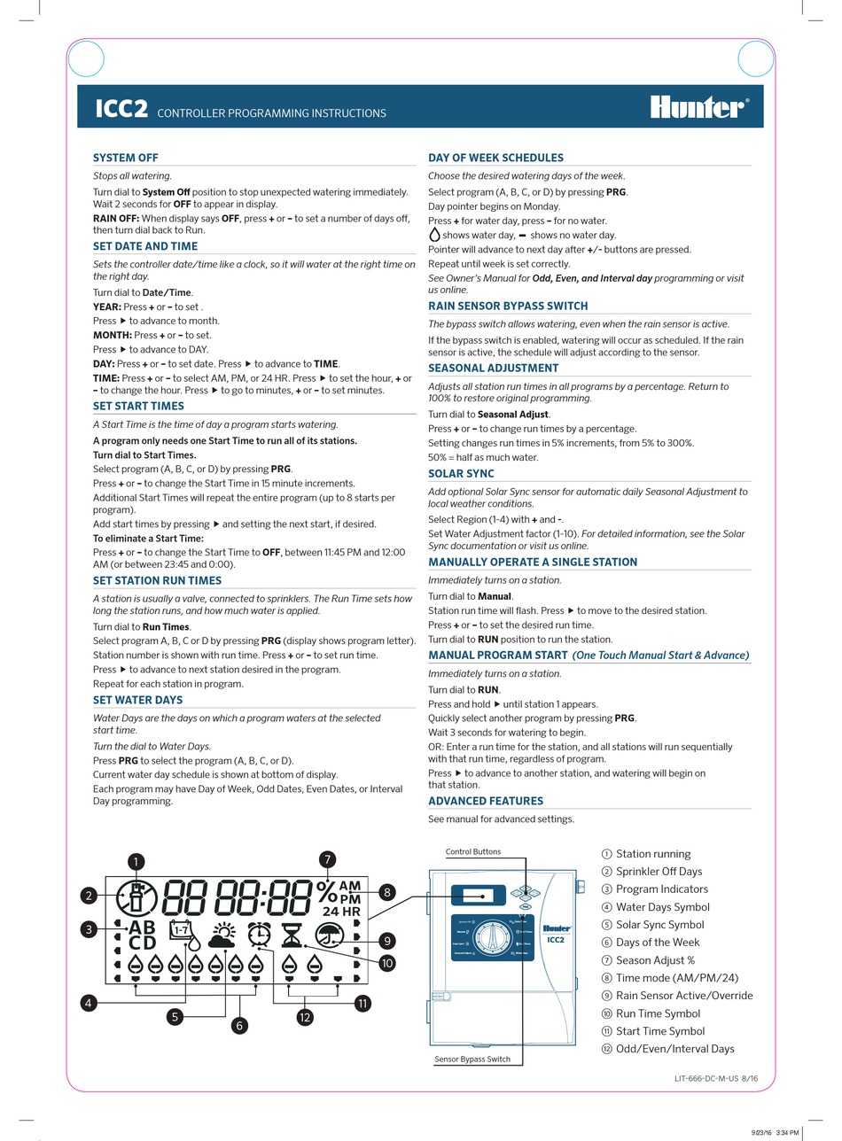 HUNTER ICC2 PROGRAMMING INSTRUCTIONS Pdf Download | ManualsLib