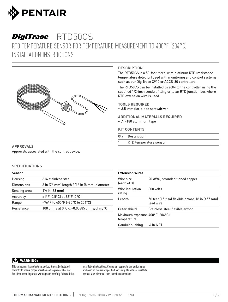 PENTAIR DIGITRACE RTD50CS INSTALLATION INSTRUCTIONS Pdf Download