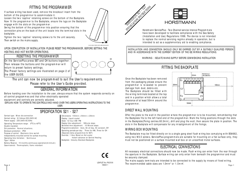 HORSTMANN SERVICEPLUS S21 INSTALLATION INSTRUCTIONS Pdf Download