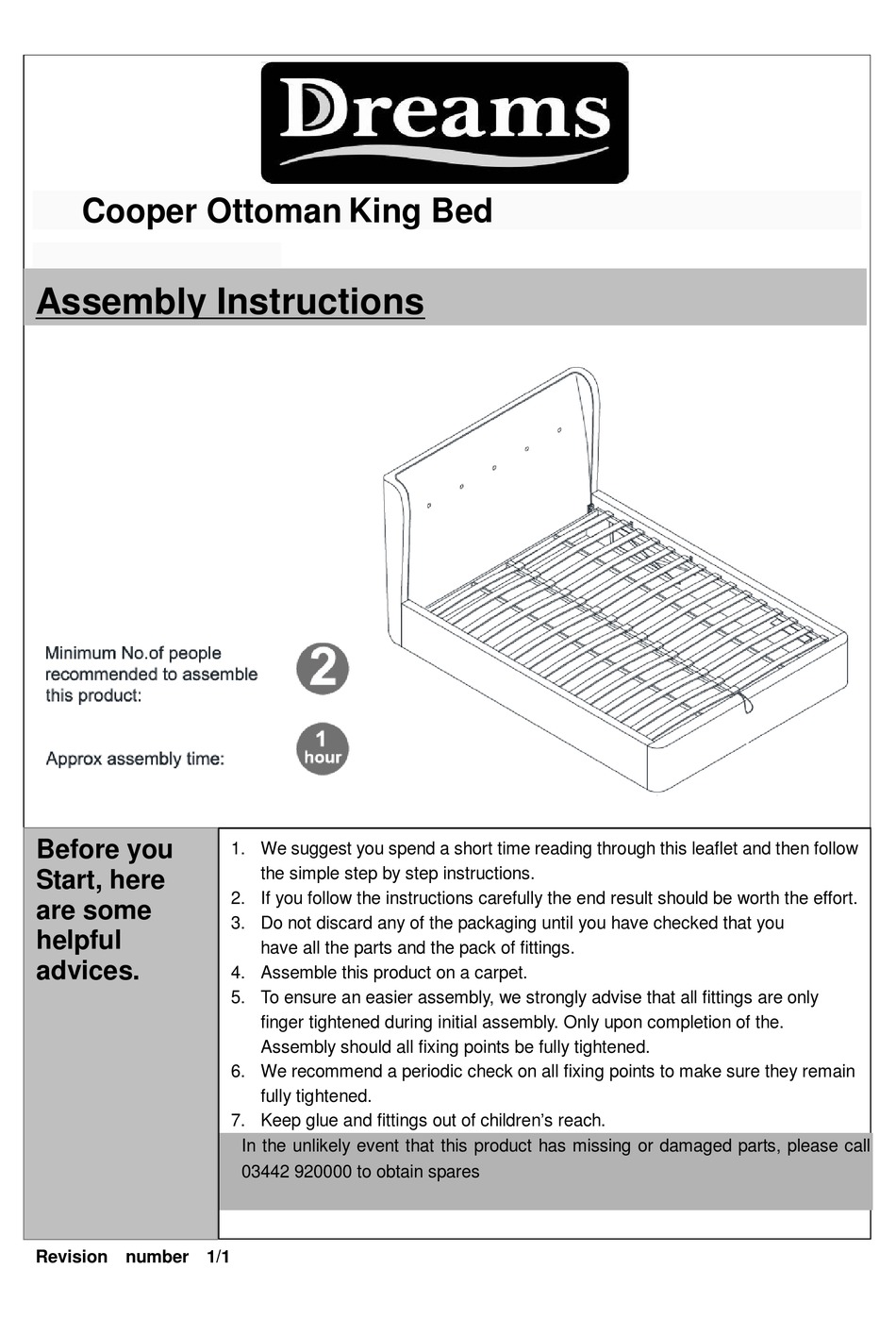 DREAMS COOPER OTTOMAN KING BED ASSEMBLY INSTRUCTIONS MANUAL Pdf