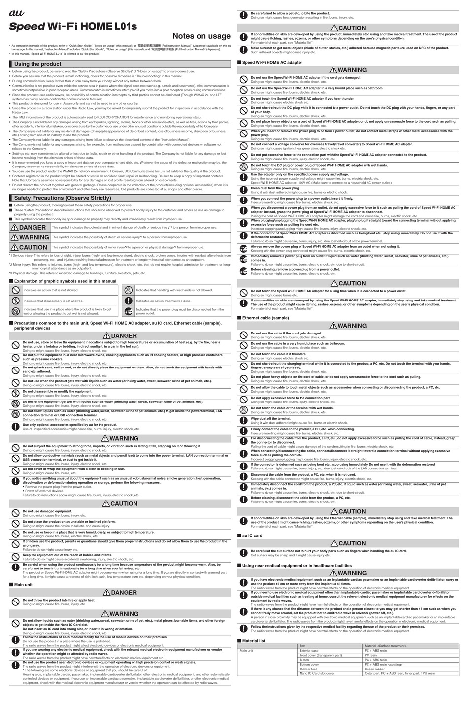 AU SPEED WI-FI HOME L01S NOTES ON USAGE Pdf Download | ManualsLib