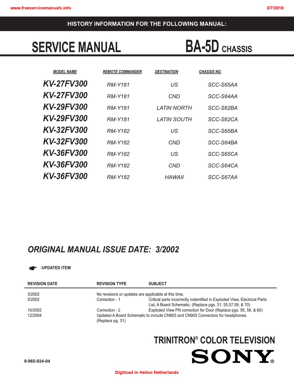 SONY TRINITRON KV-27FV300 SERVICE MANUAL Pdf Download | ManualsLib