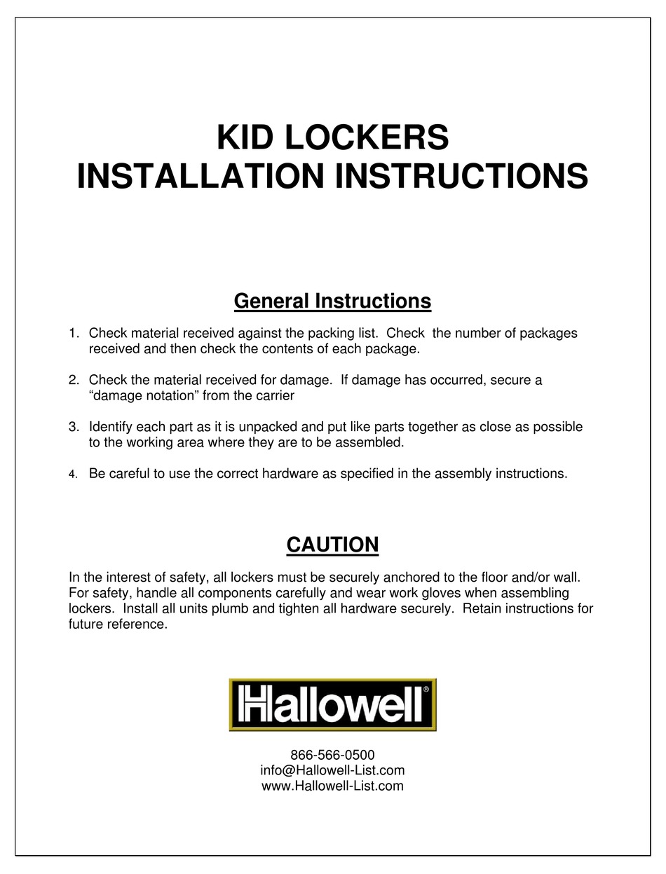 HALLOWELL KID LOCKER INSTALLATION INSTRUCTIONS MANUAL Pdf Download