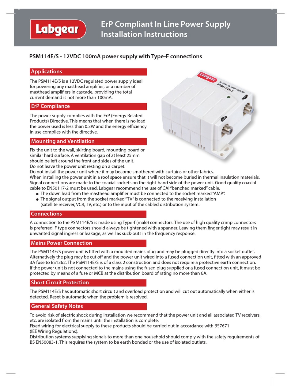 LABGEAR PSM114E/S INSTALLATION INSTRUCTIONS Pdf Download ManualsLib