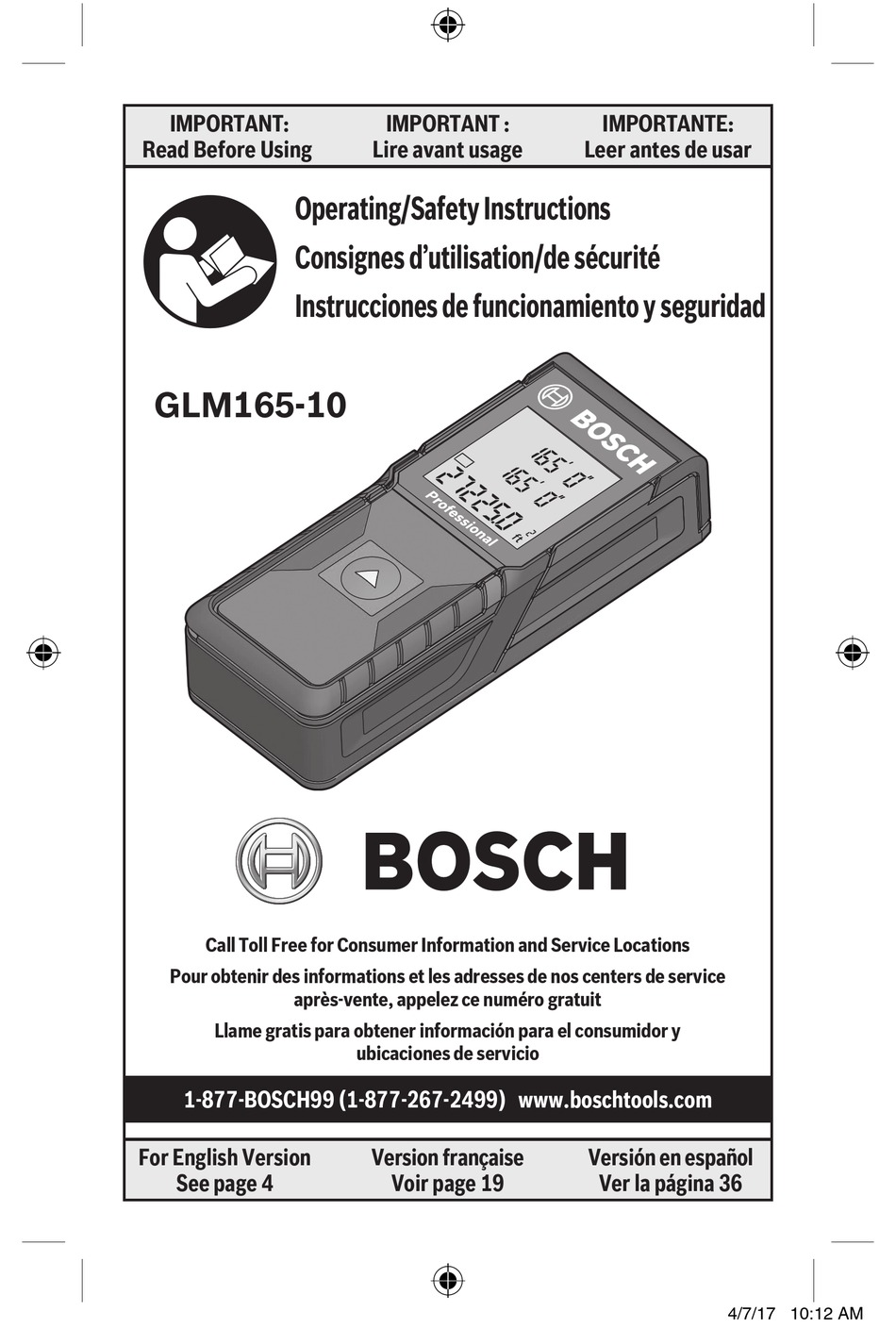 BOSCH GLM165-10 OPERATING/SAFETY INSTRUCTIONS MANUAL Pdf Download