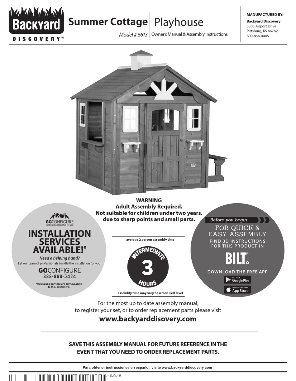 BACKYARD DISCOVERY 6613 OWNER'S MANUAL & ASSEMBLY INSTRUCTIONS Pdf