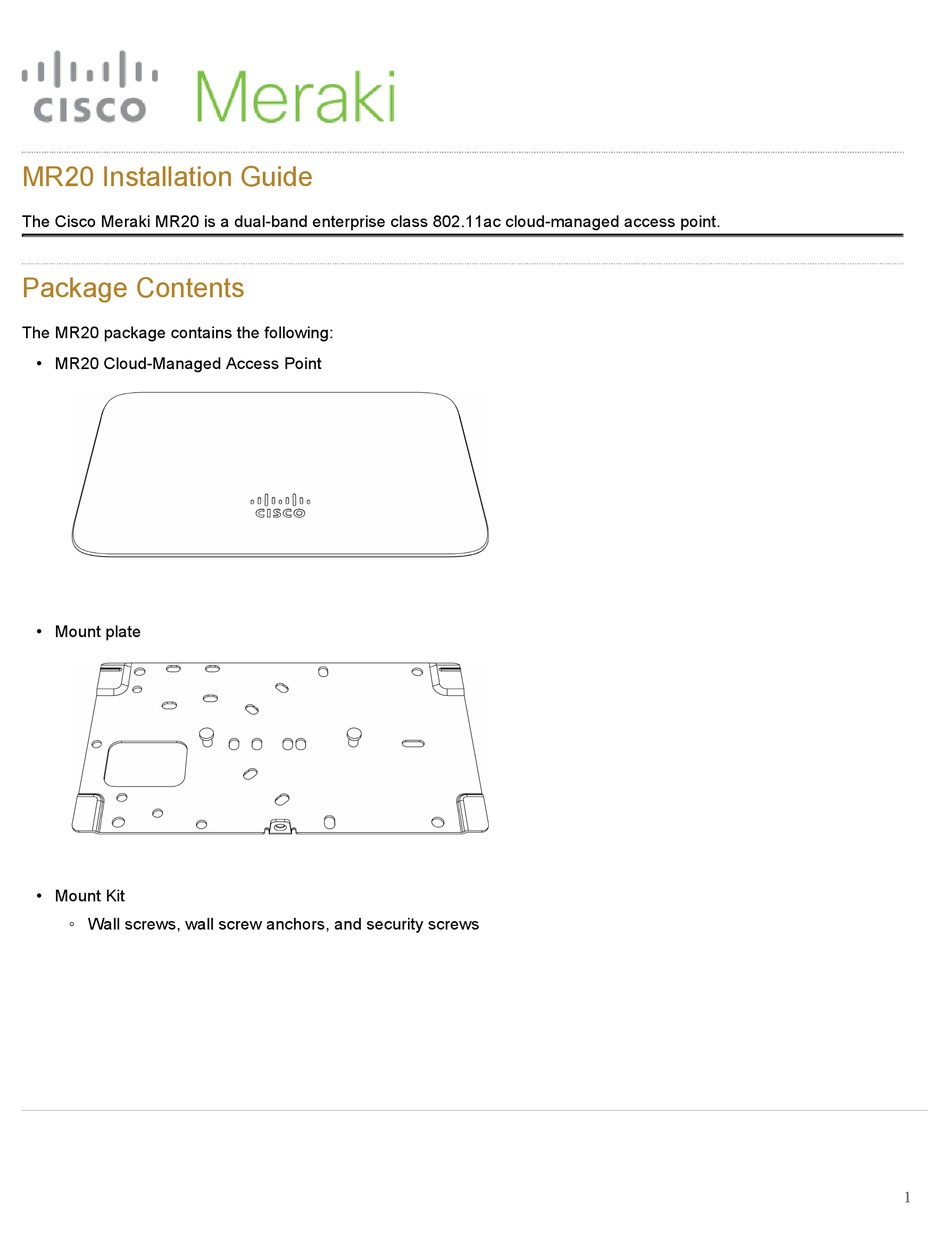 CISCO MERAKI MR20 INSTALLATION MANUAL Pdf Download | ManualsLib