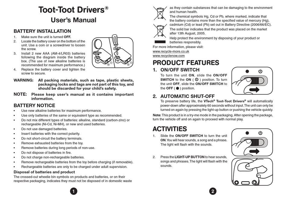VTECH TOOT-TOOT DRIVERS USER MANUAL Pdf Download | ManualsLib