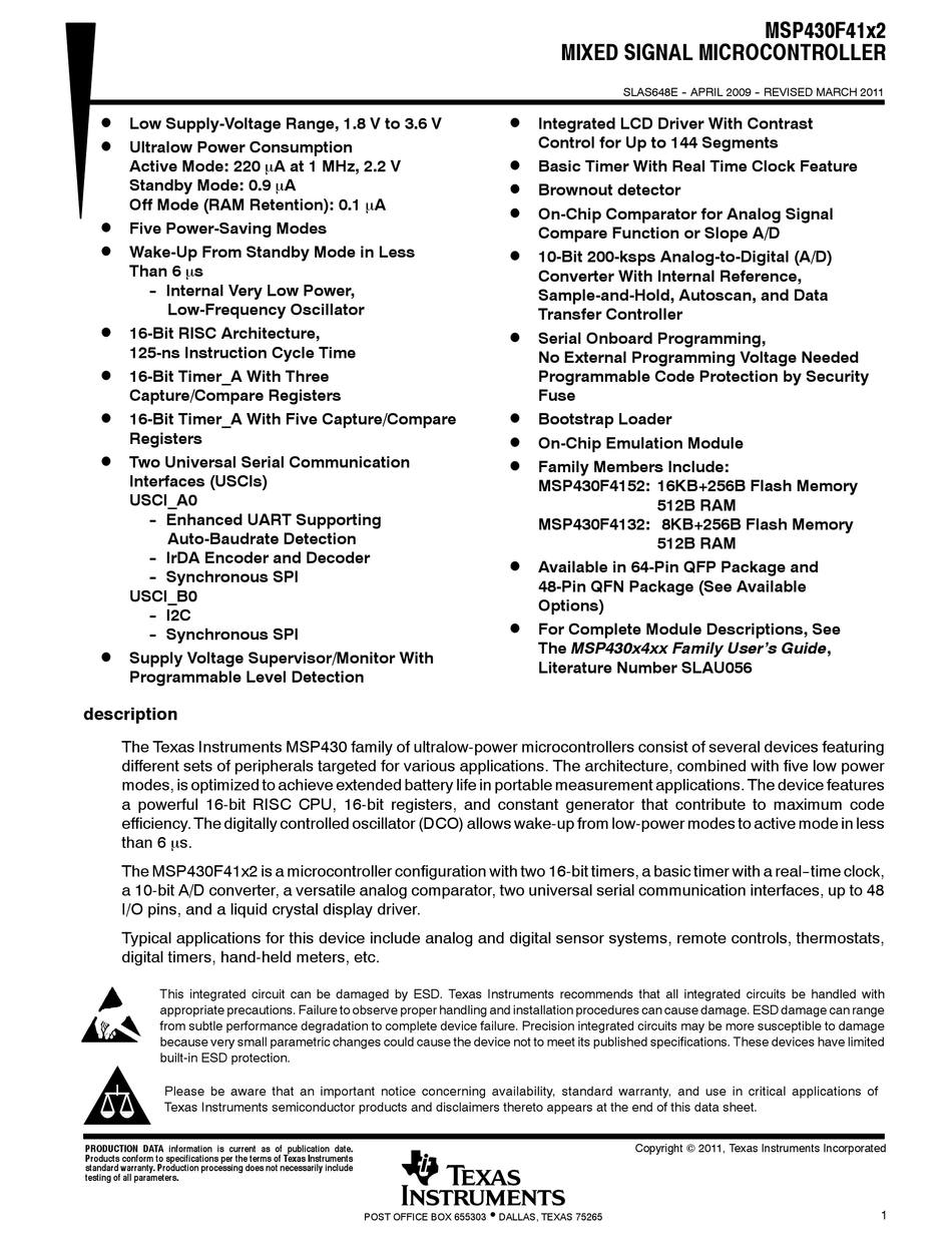 TEXAS INSTRUMENTS MSP430F4152IPM MANUAL Pdf Download | ManualsLib