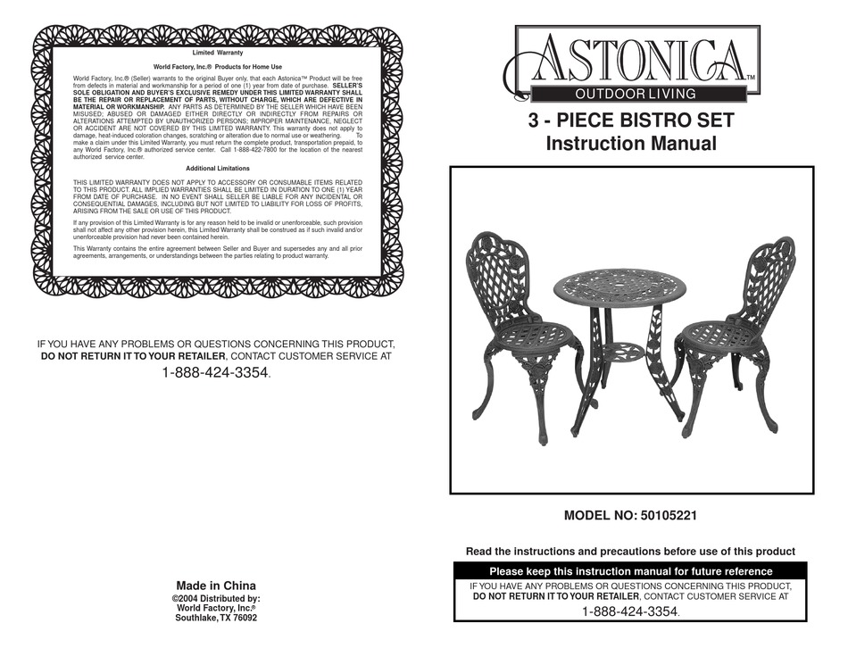 Astonica 50105221 Instruction Manual, Astonica Outdoor Living Patio Furniture