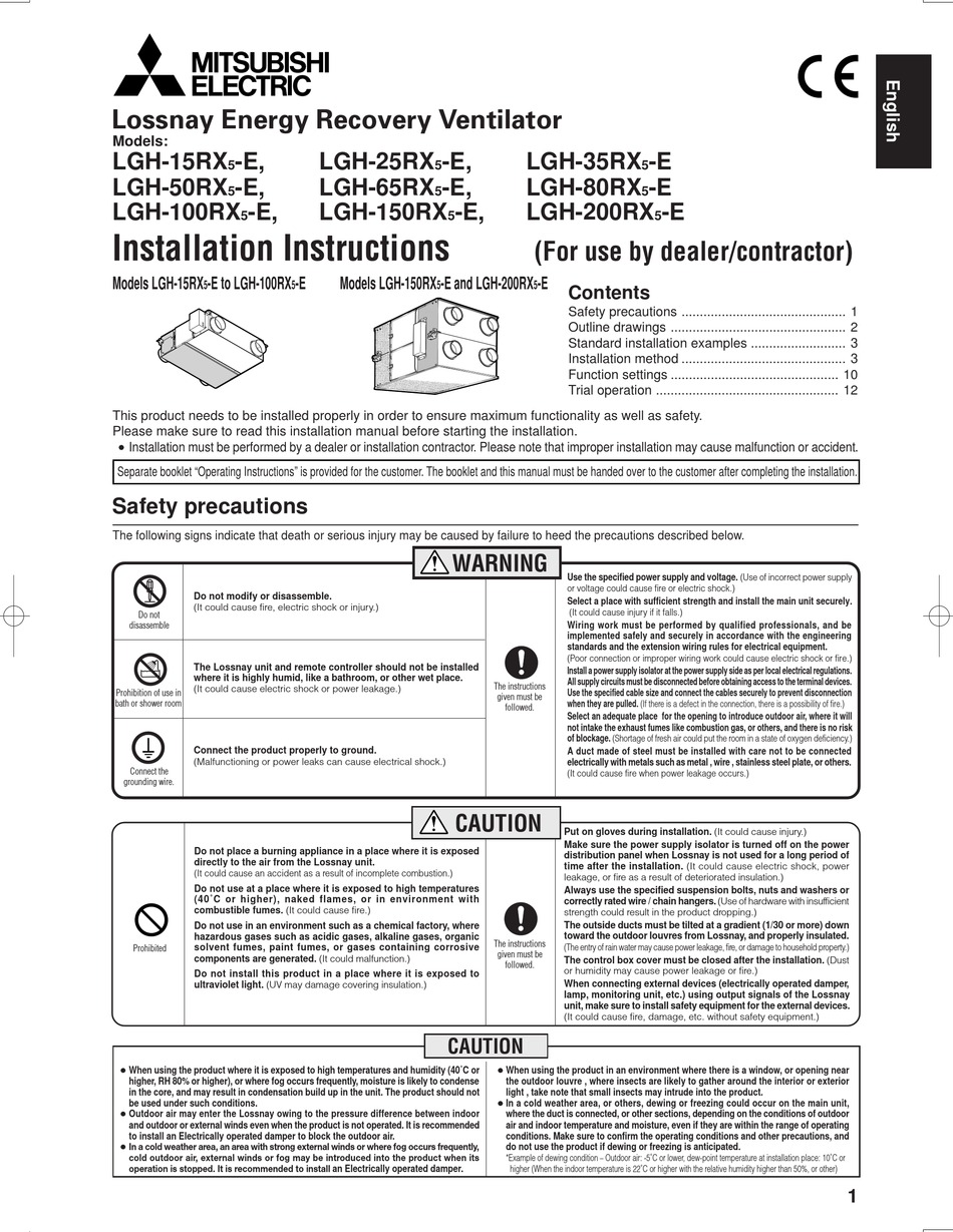 Mitsubishi Electric Lgh-15Rx5-E Installation Instructions Manual Pdf Download | Manualslib