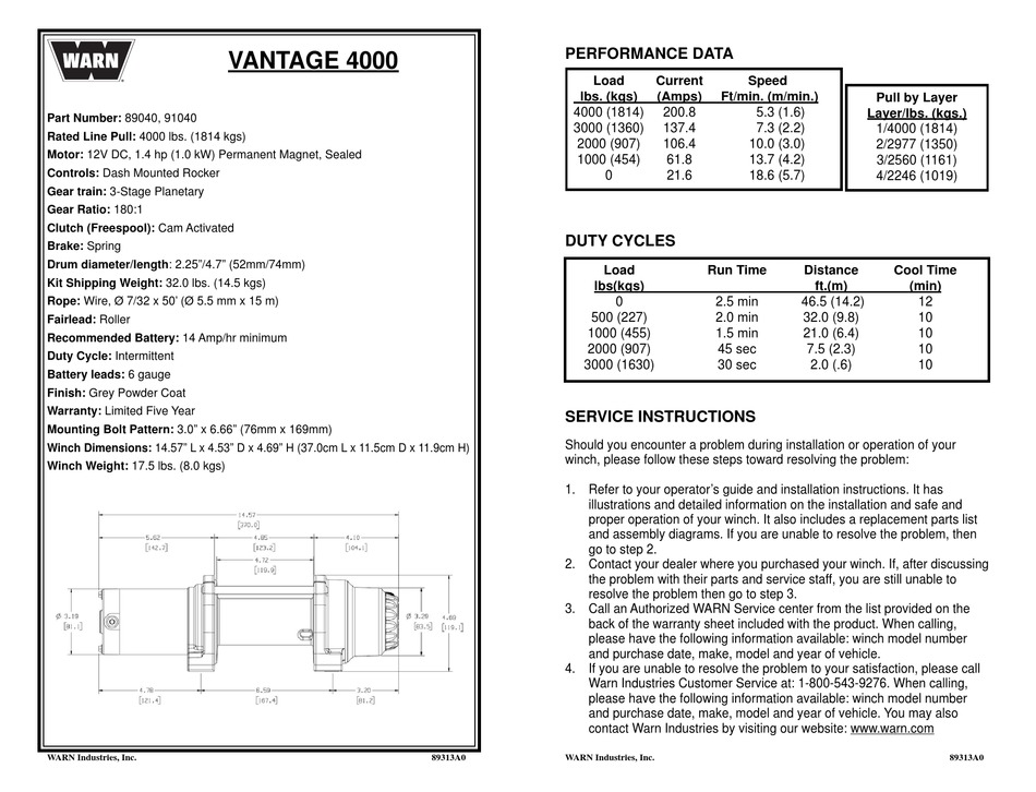 WARN VANTAGE 4000 SERVICE INSTRUCTIONS MANUAL Pdf Download ManualsLib