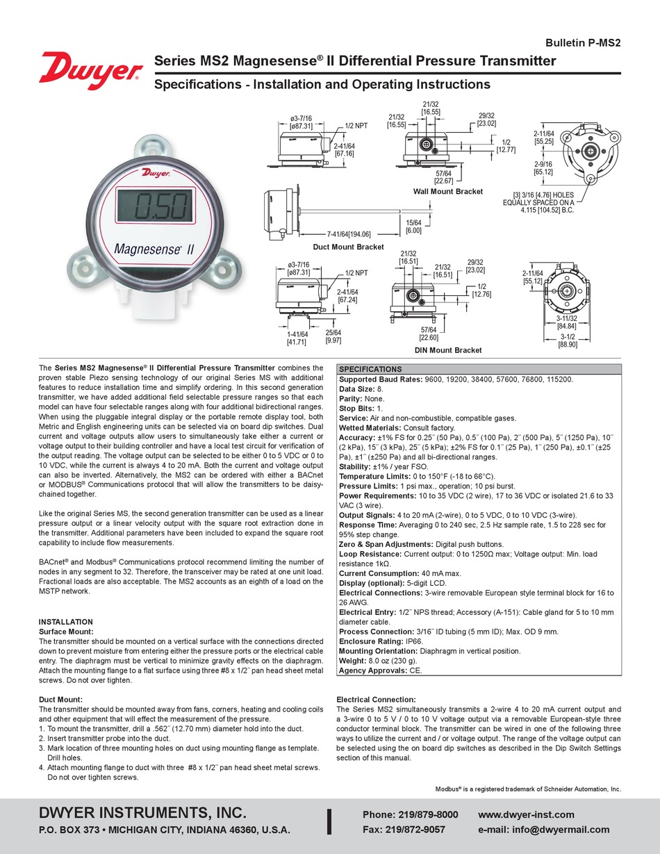 Dwyer MS2-W101-LCD Pressure Transducer 