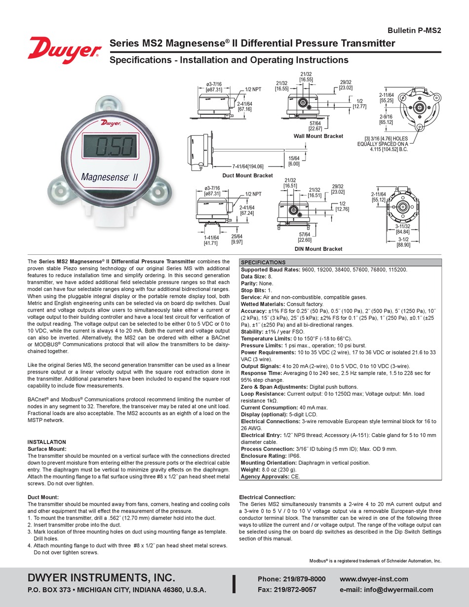 Dwyer Instruments Magnesense Ii Ms2 X102 Installation And Operating Instructions Manual Pdf Download Manualslib