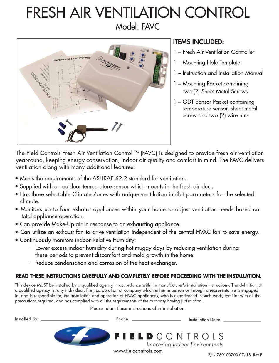 FIELD CONTROLS FAVC INSTALLATION MANUAL Pdf Download ManualsLib