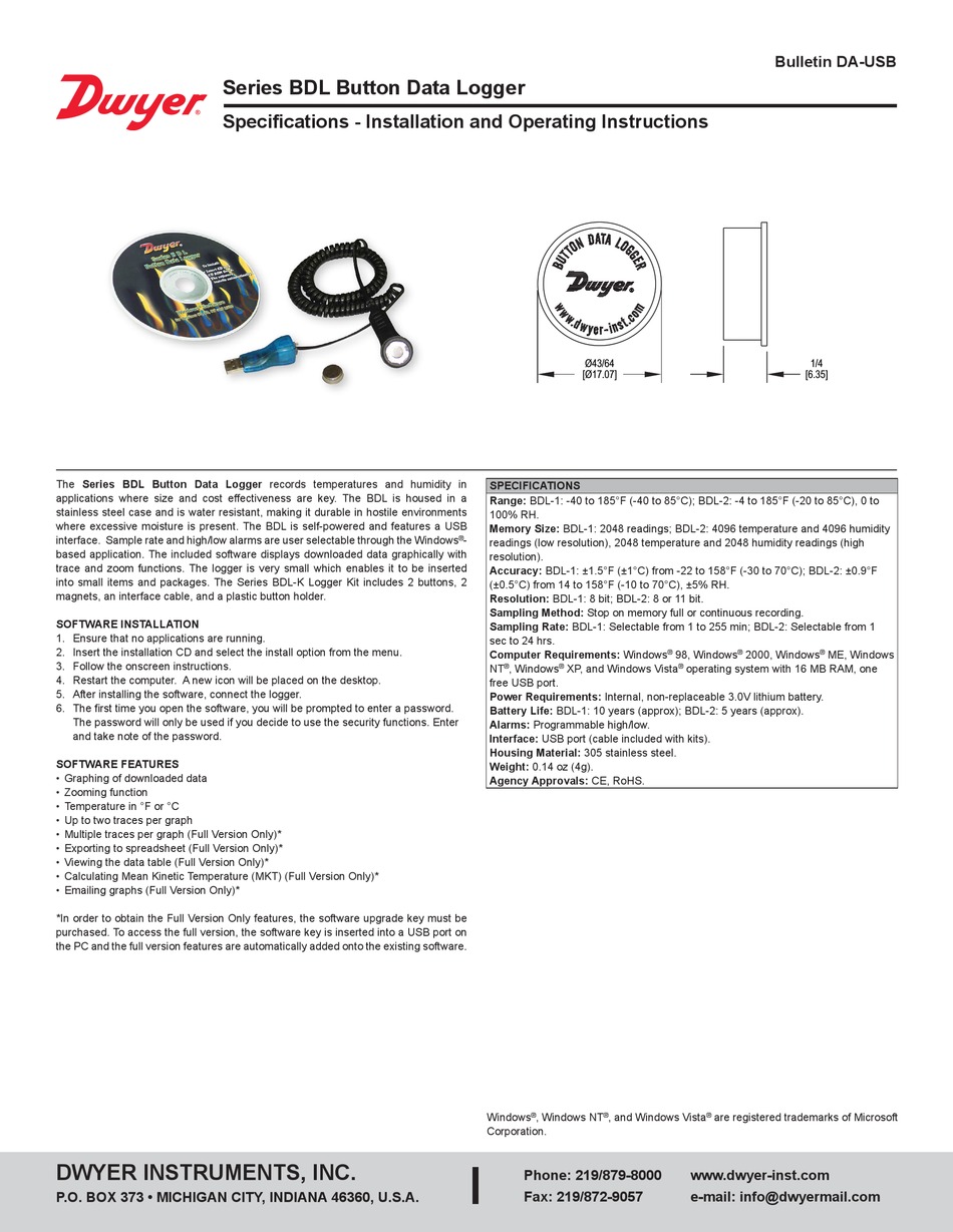 DWYER INSTRUMENTS BDL1 SPECIFICATIONSINSTALLATION AND OPERATING